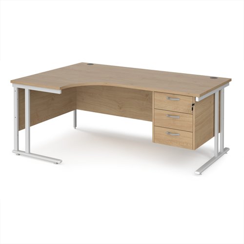 Maestro 25 left hand ergonomic desk 1800mm wide with 3 drawer pedestal - white cantilever leg frame, Kendal oak top Maestro 25 left hand ergonomic desk 1800mm wide with 3 drawer pedestal - white cantilever leg frame, Kendal oak top
