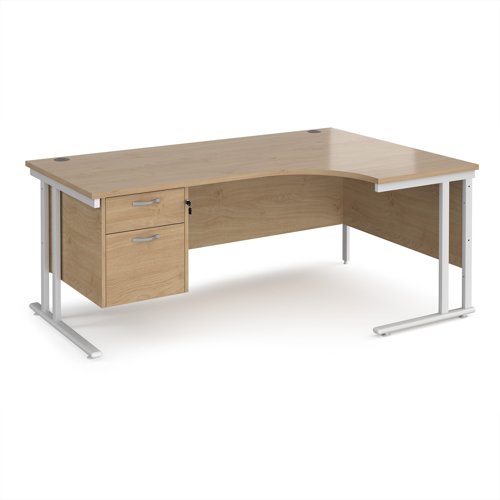 Maestro 25 right hand ergonomic desk 1800mm wide with 2 drawer pedestal - white cantilever leg frame, Kendal oak top Maestro 25 right hand ergonomic desk 1800mm wide with 2 drawer pedestal - white cantilever leg frame, Kendal oak top
