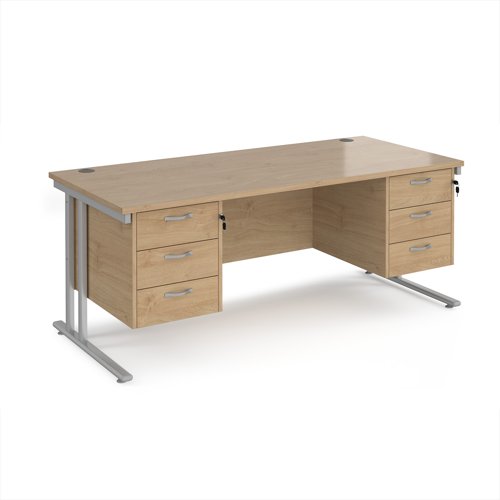 Maestro 25 straight desk 1800mm x 800mm with two x 3 drawer pedestals - silver cantilever leg frame, Kendal oak top Maestro 25 straight desk 1800mm x 800mm with two x 3 drawer pedestals - silver cantilever leg frame, Kendal oak top