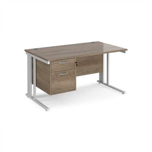 Maestro 25 straight desk 1400mm x 800mm with 2 drawer pedestal - white cable managed leg frame, nebraska oak top Maestro 25 straight desk 1400mm x 800mm with 2 drawer pedestal - white cable managed leg frame, nebraska oak top