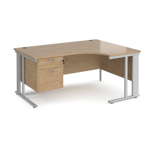 Maestro 25 right hand ergonomic desk 1600mm wide with 2 drawer pedestal - silver cable managed leg frame, kendal oak top Maestro 25 right hand ergonomic desk 1600mm wide with 2 drawer pedestal - silver cable managed leg frame, kendal oak top