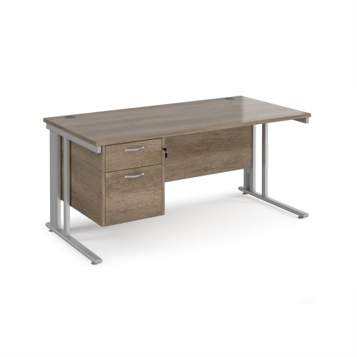 Maestro 25 straight desk 1600mm x 800mm with 2 drawer pedestal - silver cable managed leg frame, nebraska oak top Maestro 25 straight desk 1600mm x 800mm with 2 drawer pedestal - silver cable managed leg frame, nebraska oak top