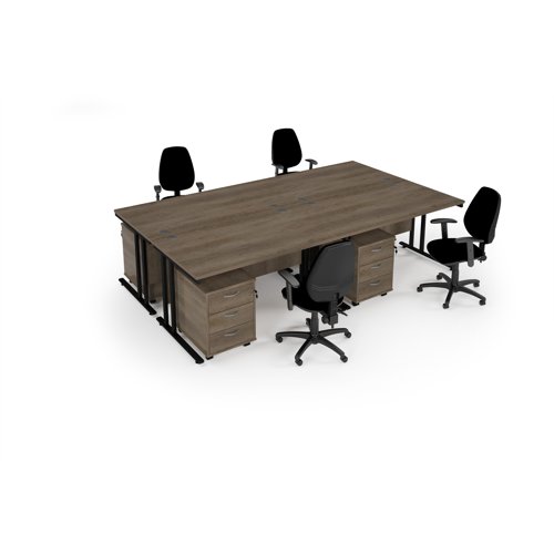 Maestro starter kit for 4 people, comprising of nebraska oak desk, black frame, wooden pedestal and Vantage fabric chair with arms in black Maestro starter kit for 4 people, comprising of nebraska oak desk, black frame, wooden pedestal and Vantage fabric chair with arms in black