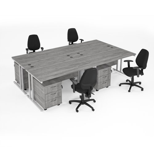 Maestro starter kit for 4 people, comprising of grey oak desk, white frame, wooden pedestal and Vantage fabric chair with arms in black Maestro starter kit for 4 people, comprising of grey oak desk, white frame, wooden pedestal and Vantage fabric chair with arms in black
