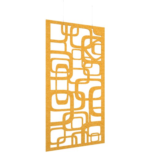Piano Chords acoustic patterned hanging screens in yellow 2400 x 1200mm with hanging wires and hooks - Bygone