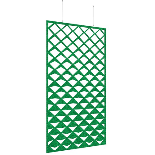 Piano Chords acoustic patterned hanging screens in dark green 2400 x 1200mm with hanging wires and hooks - Reflection