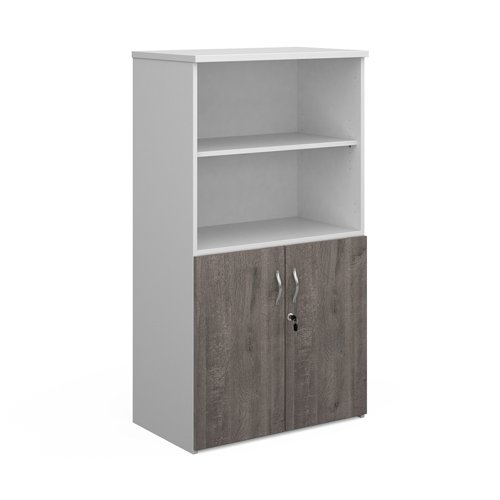 Duo combination unit with open top 1440mm high with 3 shelves - white with grey oak lower doors