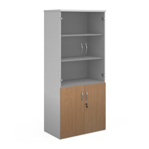 Duo+combination+unit+with+glass+upper+doors+1790mm+high+with+4+shelves+-+white+with+grey+oak+lower+doors