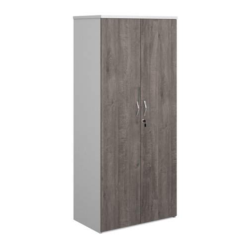 Duo double door cupboard 1790mm high with 4 shelves - white with grey oak doors