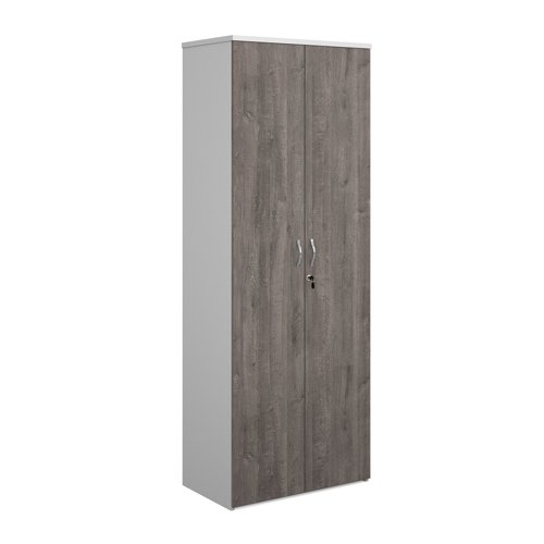 Duo double door cupboard 2140mm high with 5 shelves - white with grey oak doors