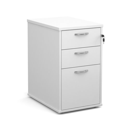 Desk high 3 drawer pedestal with silver handles 600mm deep - white