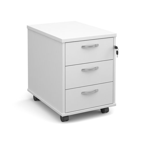 Mobile+3+drawer+pedestal+with+silver+handles+600mm+deep+-+white
