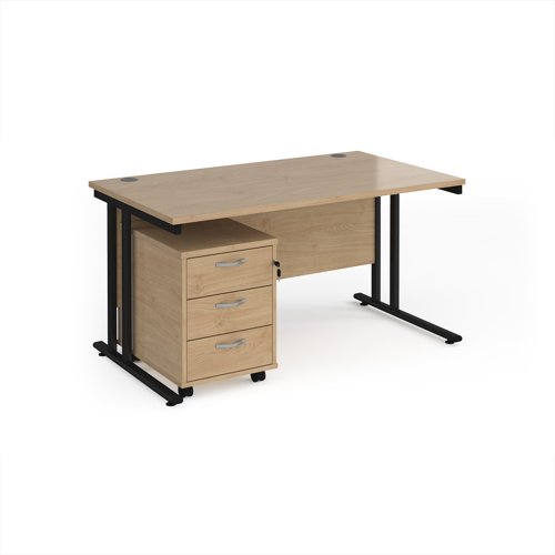 Maestro 25 straight desk 1400mm x 800mm with black cantilever frame and 3 drawer pedestal - Kendal Oak Maestro 25 straight desk 1400mm x 800mm with black cantilever frame and 3 drawer pedestal - Kendal Oak