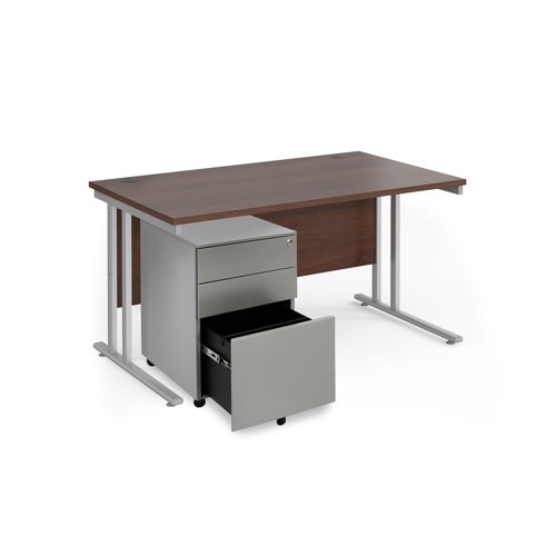 Maestro 25 bundle straight 1400 desk, silver leg frame and silver steel ped - Walnut Maestro 25 bundle straight 1400 desk, silver leg frame and silver steel ped - Walnut