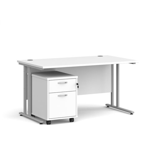 Maestro+25+straight+desk+1400mm+x+800mm+with+silver+cantilever+frame+and+2+drawer+pedestal+-+white