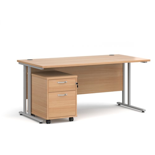 Maestro+25+straight+desk+1600mm+x+800mm+with+silver+cantilever+frame+and+2+drawer+pedestal+-+beech