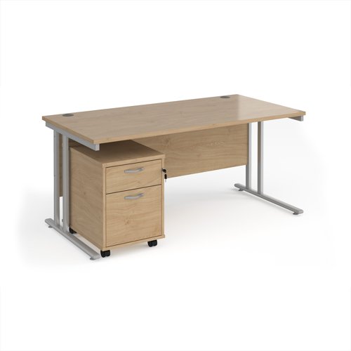 Maestro 25 straight desk 1600mm x 800mm with silver cantilever frame and 2 drawer pedestal - Kendal Oak Maestro 25 straight desk 1600mm x 800mm with silver cantilever frame and 2 drawer pedestal - Kendal Oak