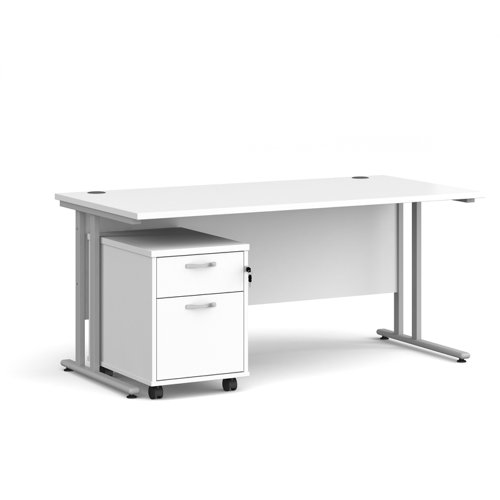Maestro+25+straight+desk+1600mm+x+800mm+with+silver+cantilever+frame+and+2+drawer+pedestal+-+white