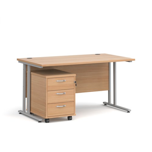 Maestro+25+straight+desk+1400mm+x+800mm+with+silver+cantilever+frame+and+3+drawer+pedestal+-+beech