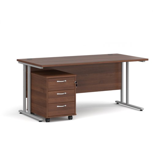 Maestro+25+straight+desk+1600mm+x+800mm+with+silver+cantilever+frame+and+3+drawer+pedestal+-+walnut