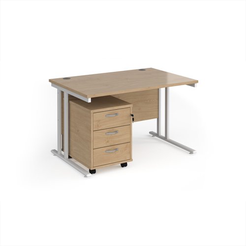 Maestro 25 straight desk 1200mm x 800mm with white cantilever frame and 3 drawer pedestal - Kendal Oak Maestro 25 straight desk 1200mm x 800mm with white cantilever frame and 3 drawer pedestal - Kendal Oak