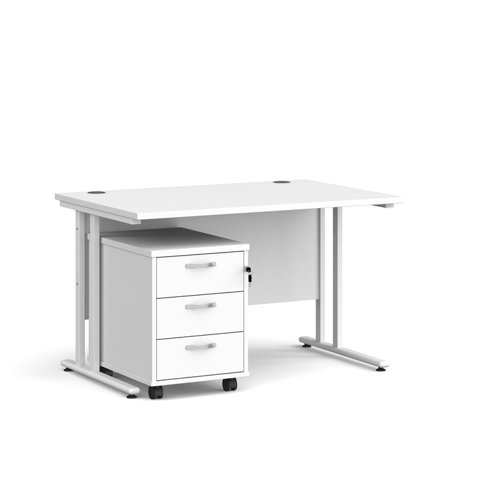 Maestro 25 straight desk 1200mm x 800mm with white cantilever frame and 3 drawer pedestal - white