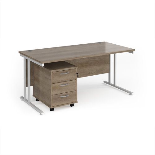 Maestro 25 straight desk 1600mm x 800mm with white cantilever frame and 3 drawer pedestal - Nebraska Oak Maestro 25 straight desk 1600mm x 800mm with white cantilever frame and 3 drawer pedestal - Nebraska Oak