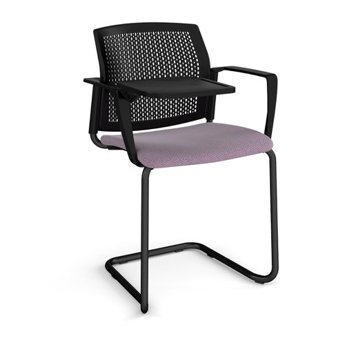 Santana cantilever chair with fabric seat and perforated black back, black frame with arms and writing tablet - made to order Santana cantilever chair with fabric seat and perforated black back, black frame with arms and writing tablet - made to order
