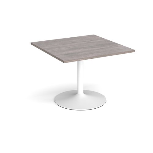 Trumpet base square extension table 1000mm x 1000mm - white base and grey oak top