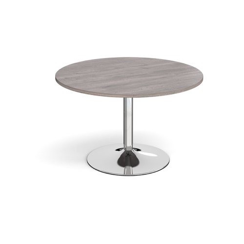 Trumpet base circular boardroom table 1200mm - chrome base and grey oak top
