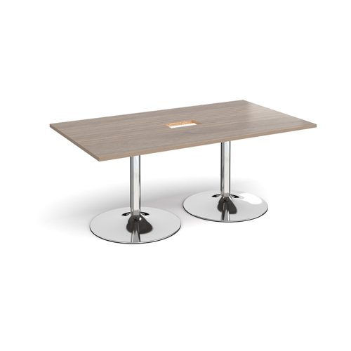 Trumpet base rectangular boardroom table 1800mm x 1000mm with central cutout 272mm x 132mm - chrome base, Barcelona walnut top Trumpet base rectangular boardroom table 1800mm x 1000mm with central cutout 272mm x 132mm - chrome base, Barcelona walnut top