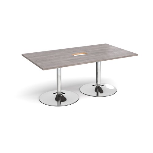 Trumpet base rectangular boardroom table 1800mm x 1000mm with central cutout 272mm x 132mm - chrome base and grey oak top