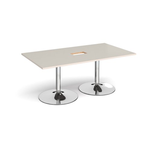 Trumpet base rectangular boardroom table 1800mm x 1000mm with central cutout 272mm x 132mm - chrome base, light grey top Trumpet base rectangular boardroom table 1800mm x 1000mm with central cutout 272mm x 132mm - chrome base, light grey top