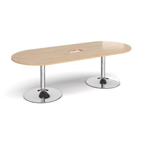 Trumpet base radial end boardroom table 2400mm x 1000mm with central cutout 272mm x 132mm - chrome base, kendal oak top Trumpet base radial end boardroom table 2400mm x 1000mm with central cutout 272mm x 132mm - chrome base, kendal oak top