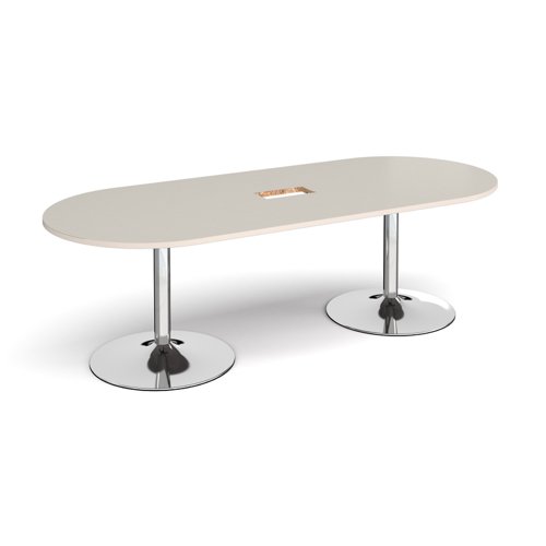 Trumpet base radial end boardroom table 2400mm x 1000mm with central cutout 272mm x 132mm - chrome base, light grey top Trumpet base radial end boardroom table 2400mm x 1000mm with central cutout 272mm x 132mm - chrome base, light grey top