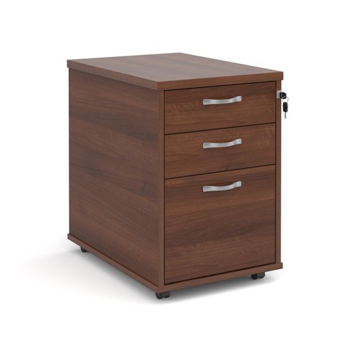 Tall mobile 3 drawer pedestal with silver handles 600mm deep - walnut