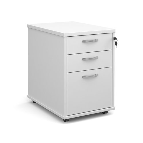 Tall mobile 3 drawer pedestal with silver handles 600mm deep - white