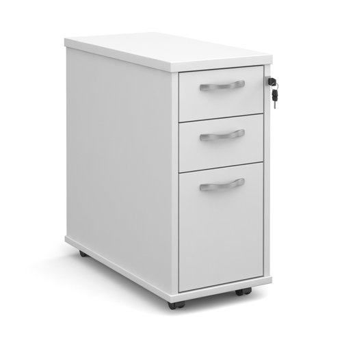 Tall slimline mobile 3 drawer pedestal with silver handles 600mm deep - white