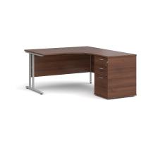 Maestro 25 right hand ergonomic desk 1400mm with silver cantilever frame and desk high pedestal - walnut