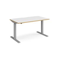 Elev8 Mono straight sit-stand desk 1400mm x 800mm - silver frame and white top with oak edge