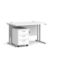 Maestro 25 straight desk 1200mm x 800mm with silver cantilever frame and 3 drawer pedestal - white