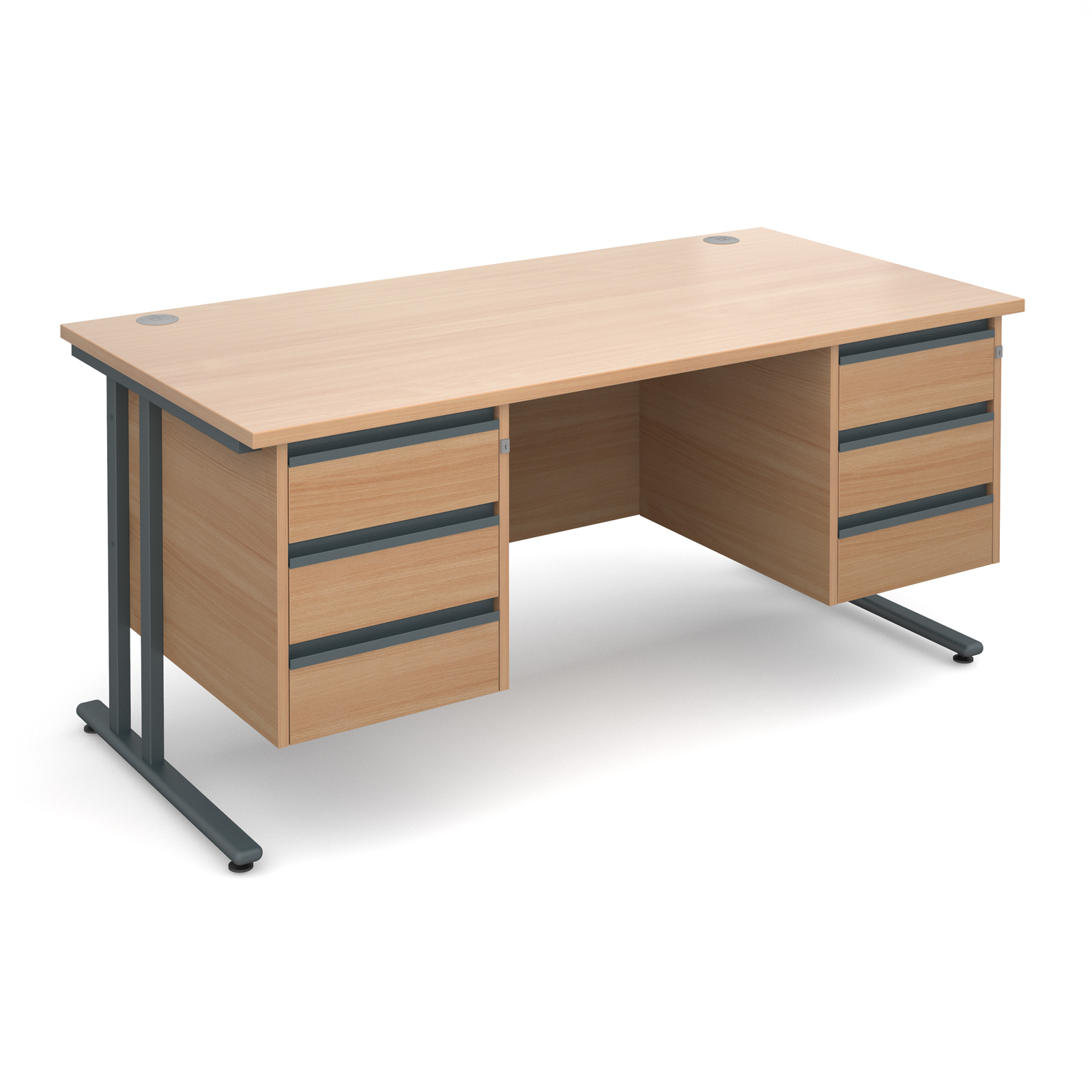 Maestro 25 GL straight desk with 3 and 3 drawer pedestals 1600mm - graphite cantilever frame, beech top Maestro 25 GL straight desk with 3 and 3 drawer pedestals 1600mm - graphite cantilever frame, beech top