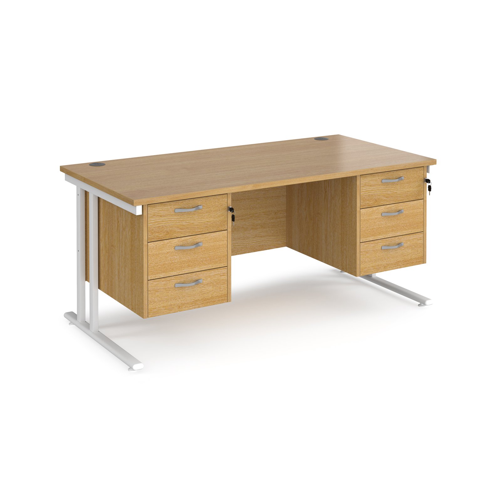 Maestro 25 WL straight desk with 3 and 3 drawer pedestals 1600mm - white cantilever frame and oak top Maestro 25 WL straight desk with 3 and 3 drawer pedestals 1600mm - white cantilever frame and oak top