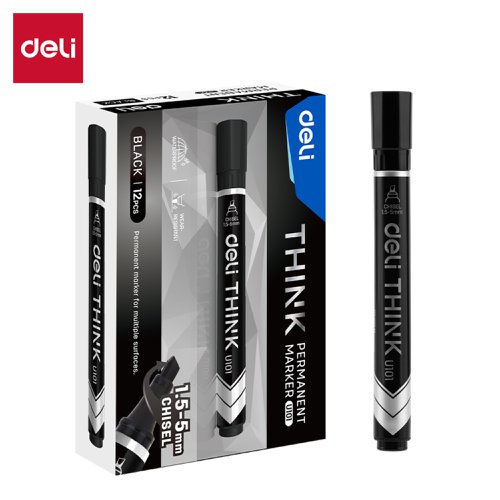 Deli Think Permanent Marker Chisel Tipped Black Bx12 Deli Think Permanent Marker Chisel Tipped Black Bx12