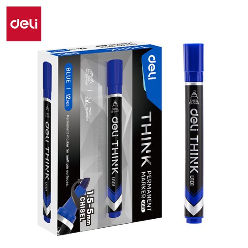 Deli Think Permanent Marker Chisel Tip Blue Box12 Deli Think Permanent Marker Chisel Tip Blue Box12