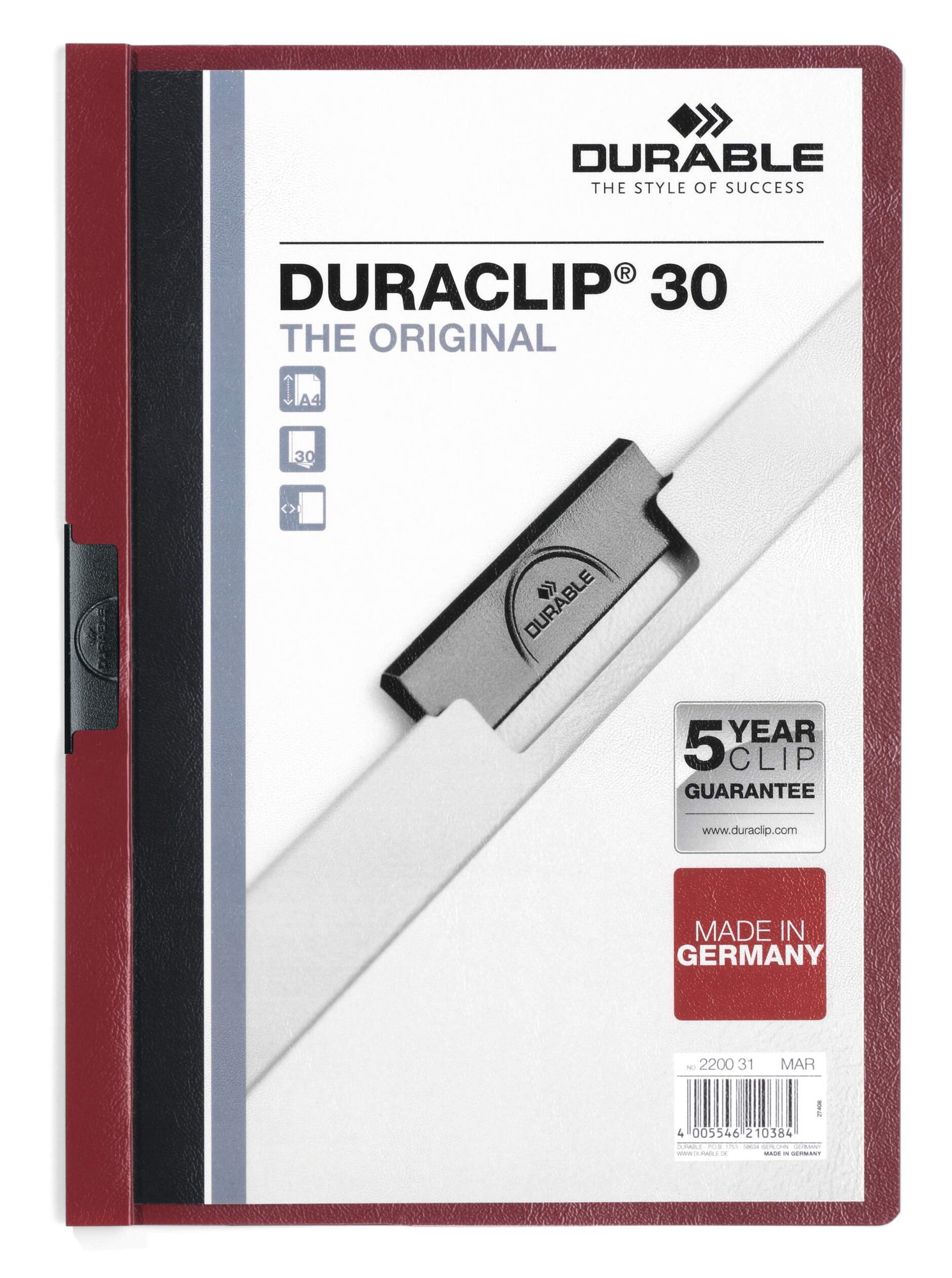 DURABLE DURACLIP 30 A4 FOLDER DARK RED (