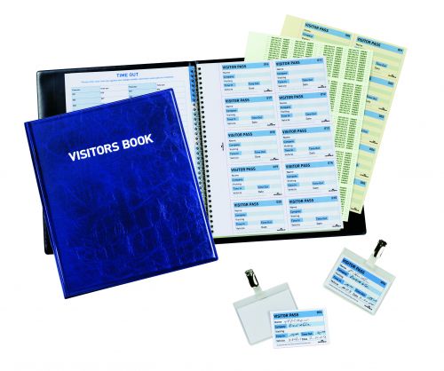 Durable+Visitor+Book+100++Blue+Leather+Look+Front+Cover++Includes+100+Perforated+90x60+mm+Visitor+Badge+Inserts+146365