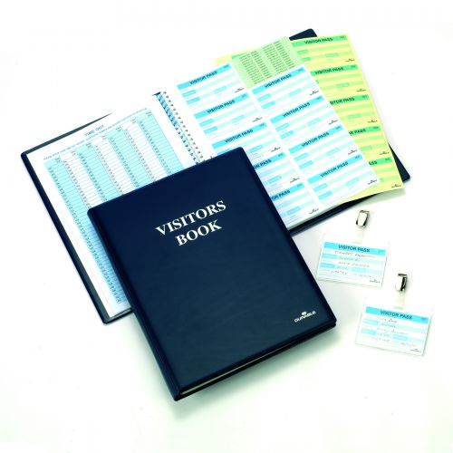 Durable+Visitor+Book+300+Blue+Leather+Look+Front+Cover+Includes+300+Perforated+90x60+mm+Visitor+Badge+Inserts+146500