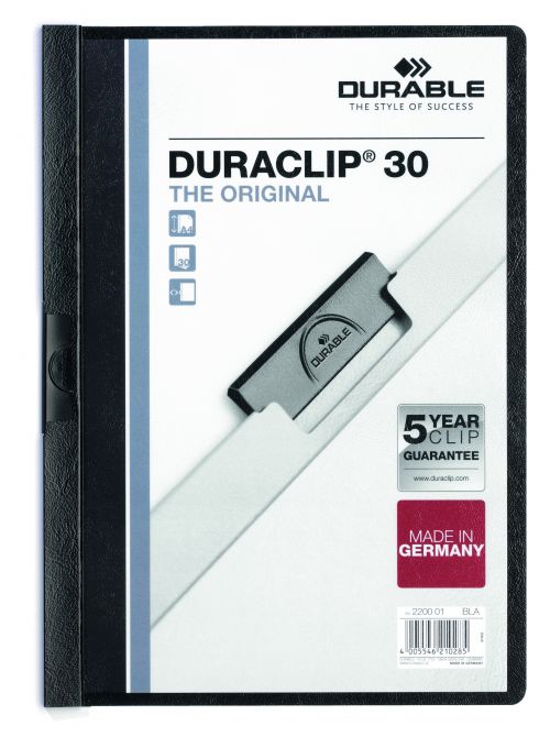 Durable Duraclip Folder PVC Clear Front 3mm Spine for 30 Sheets A4 Black Ref 2200/01 [Pack 25]