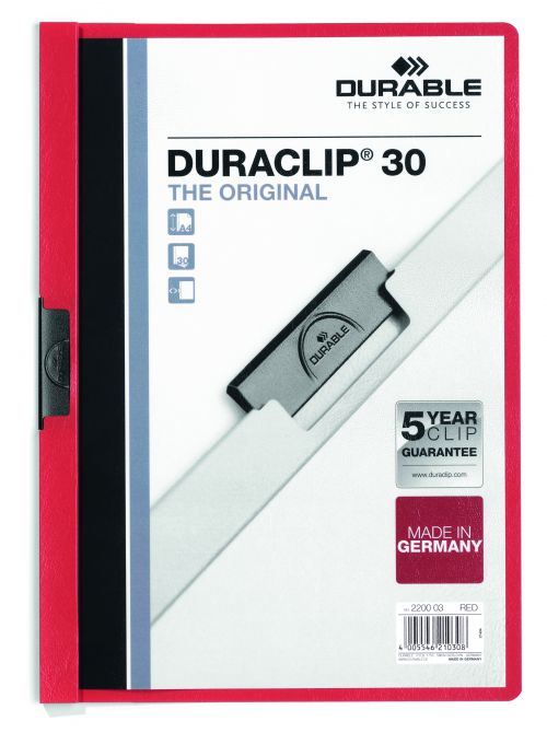 Durable Duraclip Folder PVC Clear Front 3mm Spine for 30 Sheets A4 Red Ref 2200/03 [Pack 25]